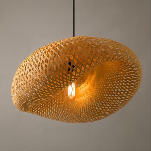 Lustre Luminária de Teto Bambu Palha Ondulado Moderno Grande 60cm Sala Quarto Decoração Bivolt Artesanal