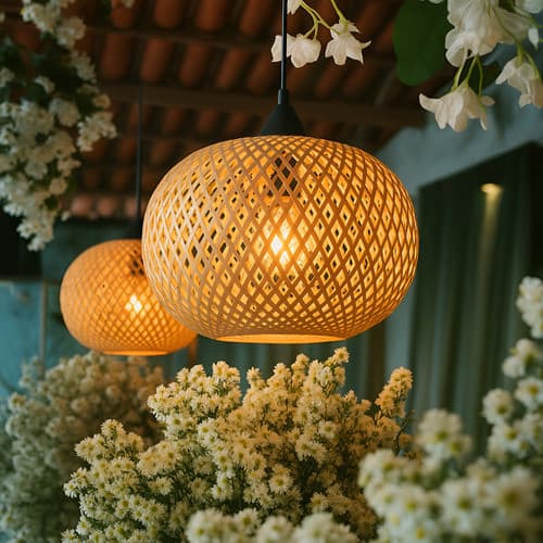 Luminaria Lustre Pendente Restaurante sitio Bambu Palha Bola Redonda Premium Fio 3 metros