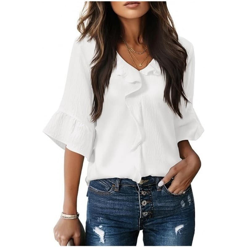 Moda Feminina Blusa casual Senhoras tops Plissados Decote Em V Babados Top Solto