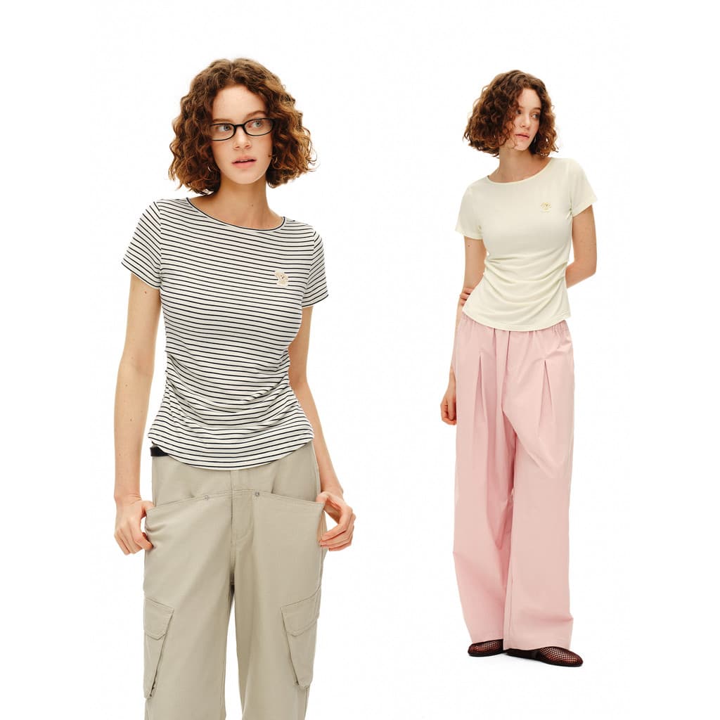 P PSO Marca Feminina Filhote de Cachorro Bonito Gola Redonda Slim Manga Curta Camiseta Feminina Cintura Estreita Slimm