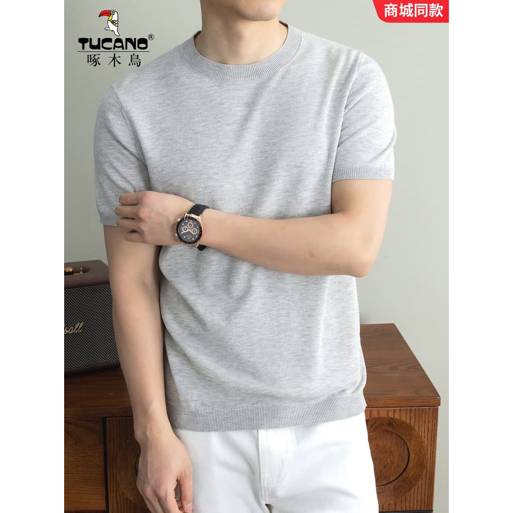 Woodpecker malha de manga curta camiseta novo estilo verão respirável em torno do pescoço topo cor sólida All-Match meia