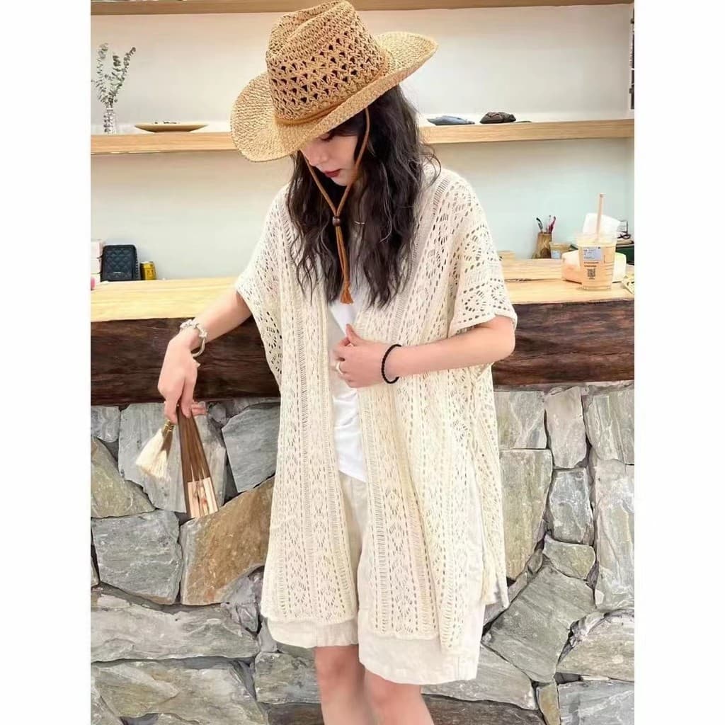 2024 estilo japonês venda quente feminino Retro literário chique trançado oco Design solto malha Cardigan casaco fino