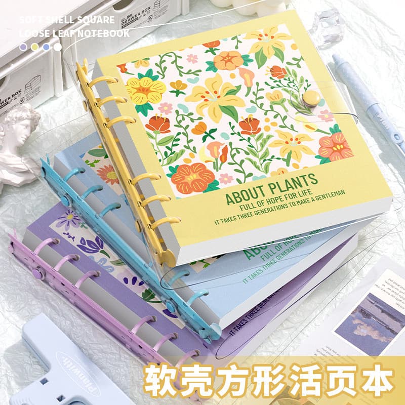 [Estoque pronto] Caderno pequeno quadrado de folhas soltas flor fofa em branco linha Horizontal caderno Check-in selo bl