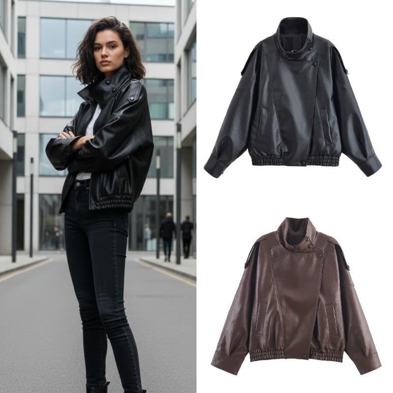 Jaqueta de Couro Sintético Feminina Solta para Outono Inverno, Estilo Retrô Urbano com Padrão Lichia, T3PZ