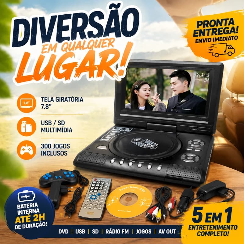 Leitor De Dvd Player Portátil 7.8 Pol Tela Giratória Multimídia Usb Sd Jogos Carro Bateria