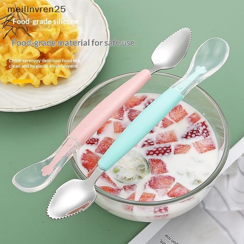 Colheres Infantis De Aço Inoxidável MEL Com Pontas De Silicone Seguras , Perfeitas Para Misturas De Frutas E Purês Desig