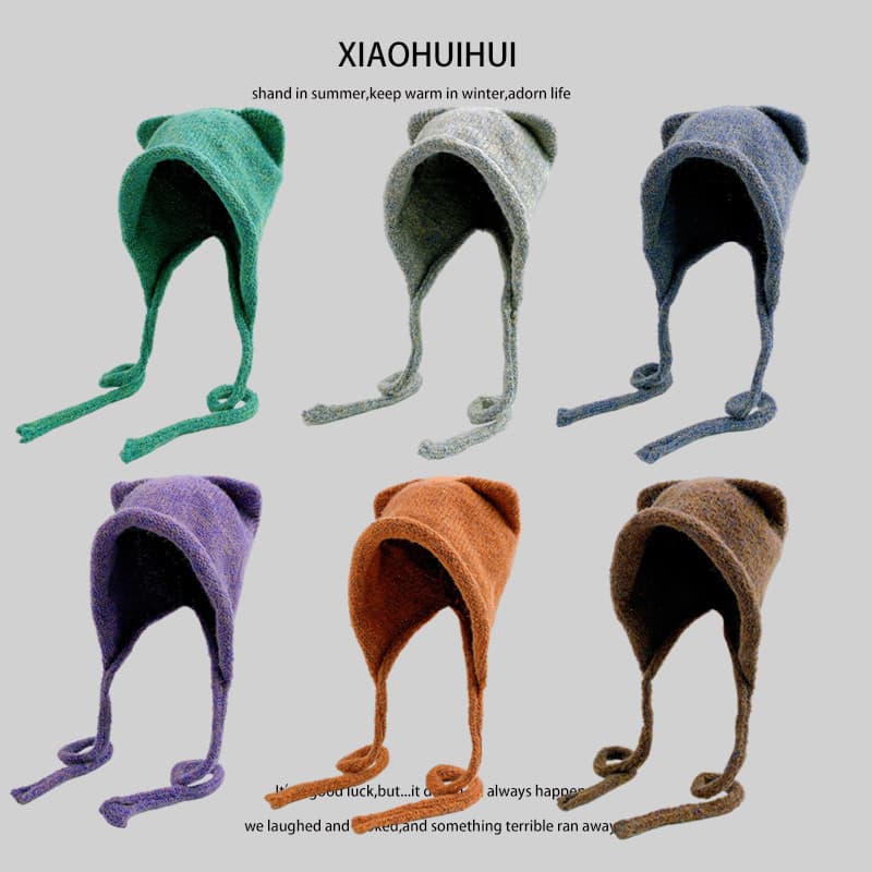 Estilo japonês orelhas de gato cor misturada chapéu de lã de malha feminino outono inverno quente proteção de ouvido bon