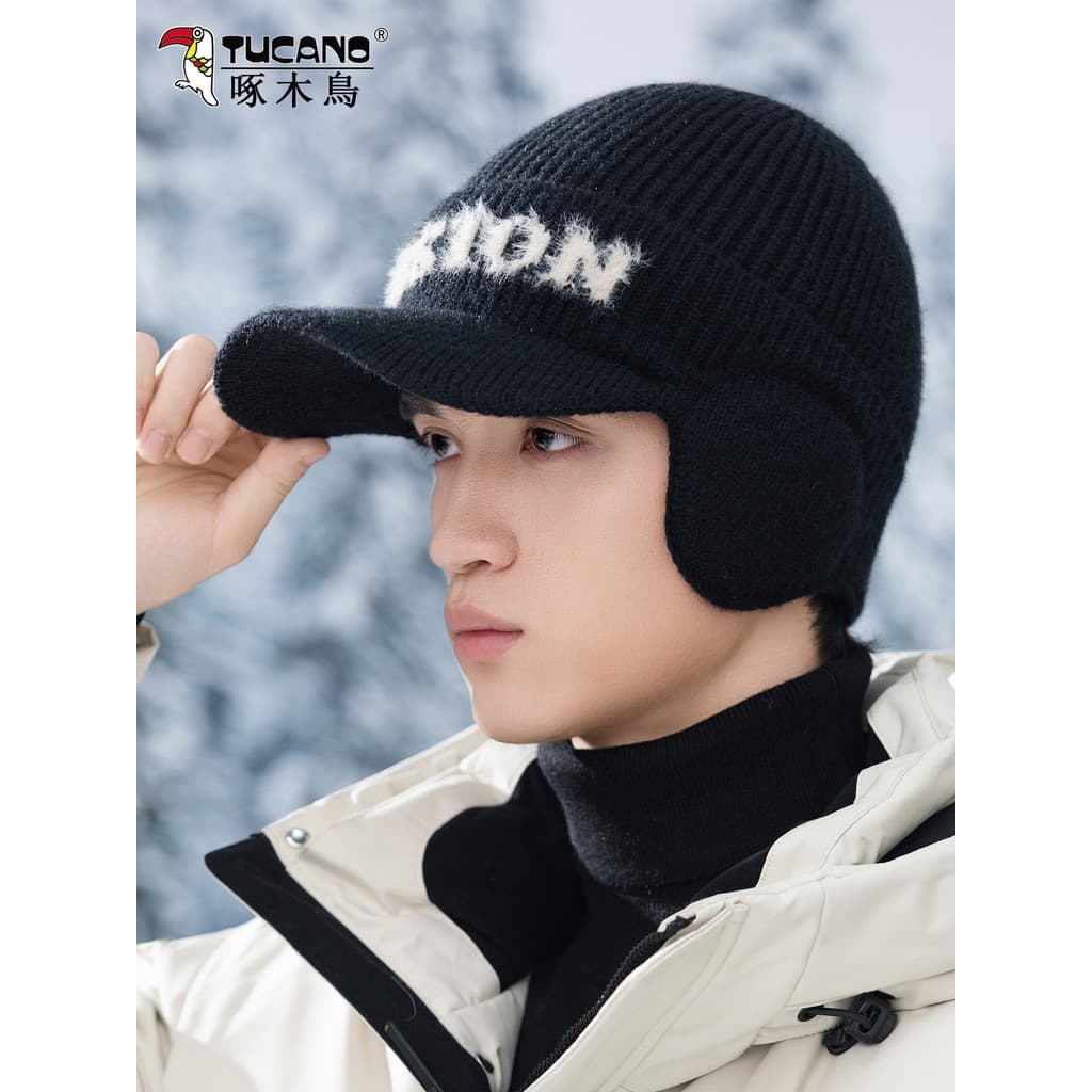 W chapéu de inverno masculino novo estilo lã malha boné de pico proteção de ouvido quente engrossado proteção contra fri