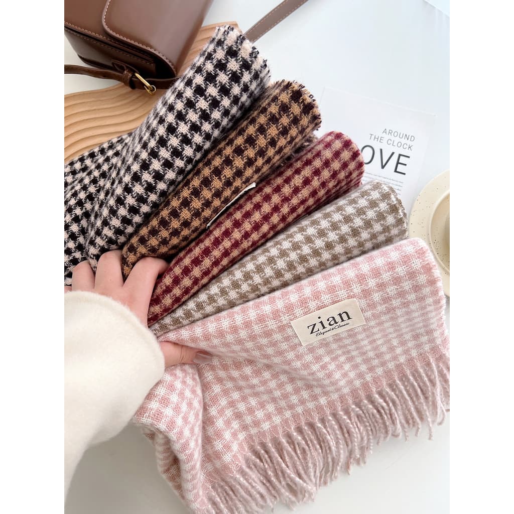 Novo retro Houndstooth cachecol feminino simples All-Match Commuter casal borla cachecol outono inverno literário retro