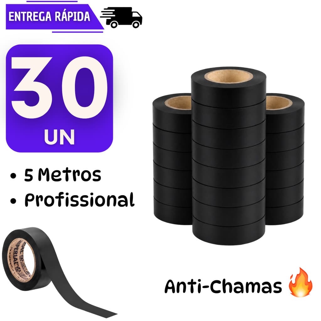 30 Fita Isolante Preta 20 metros Antichama Instalações Elétricas Alta Resistência Uso Profissional Fitas