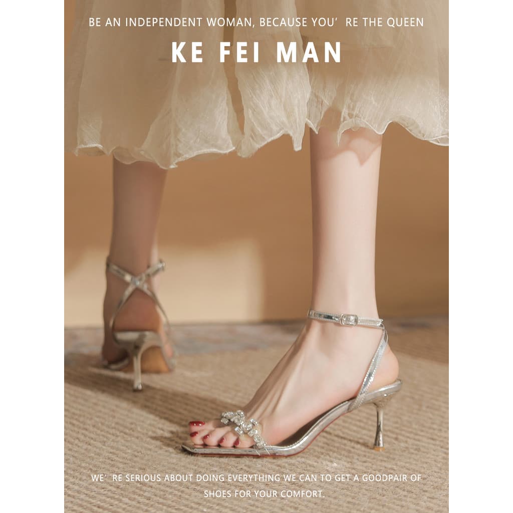 [Kefiman] Sandálias femininas de salto alto com alça plana e strass, moda externa de verão, salto alto Stiletto de alta