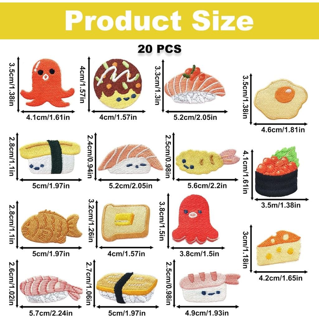 20 peças de patches termocolantes de sushi, patch bordado de nigiri, emblema termocolante e costurável de taiyaki e temp