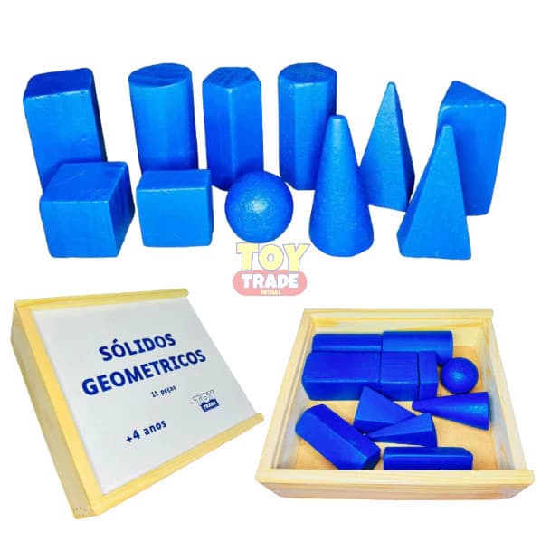 Sólidos Geométricos com 11 Peças em Madeira com Caixa – Toy Trade Aprendizado Espacial e Visual
