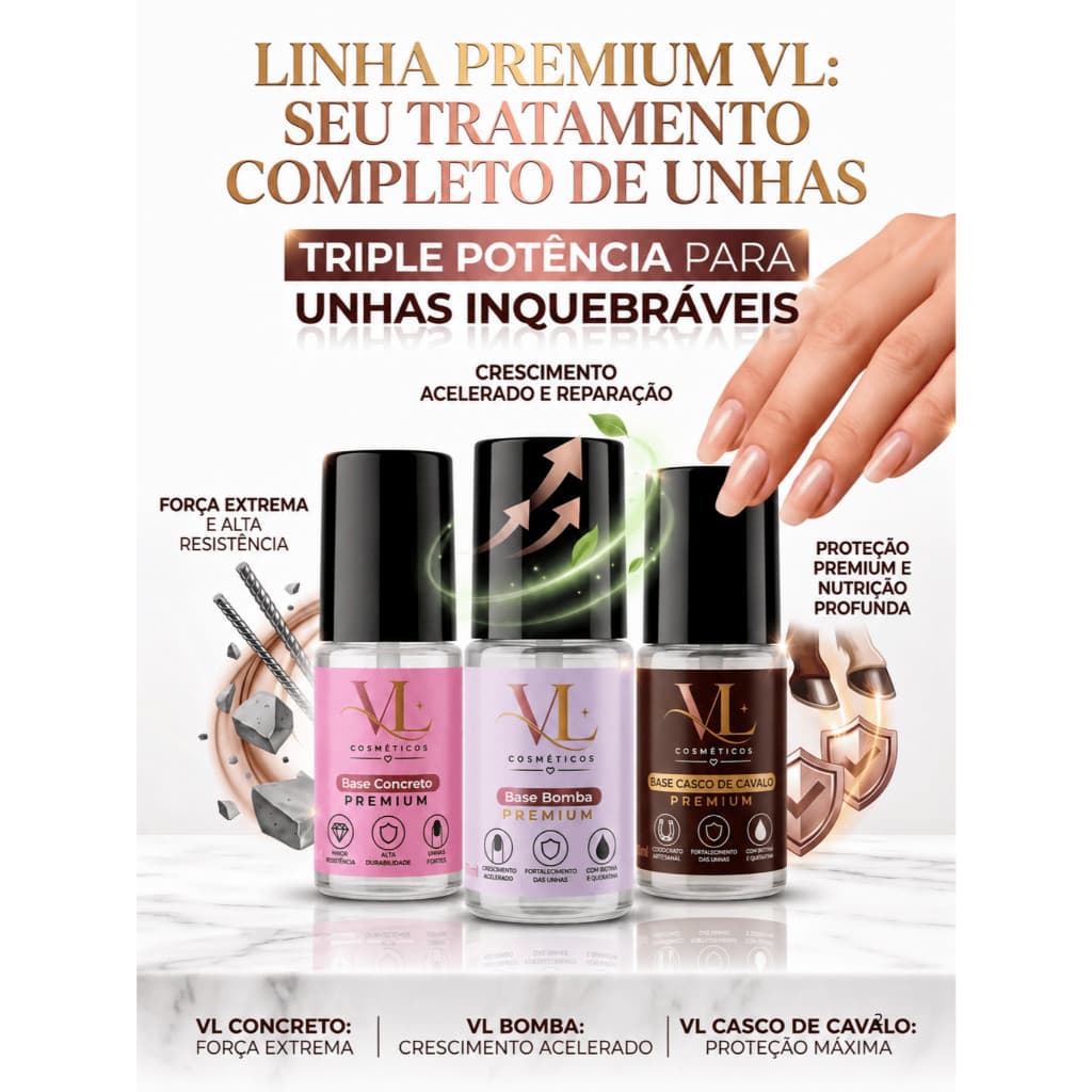 Kit Base Premium VL 3x10ml  Concreto + Bomba + Casco de Cavalo  Fortalecimento, Crescimento e Proteção das Unhas