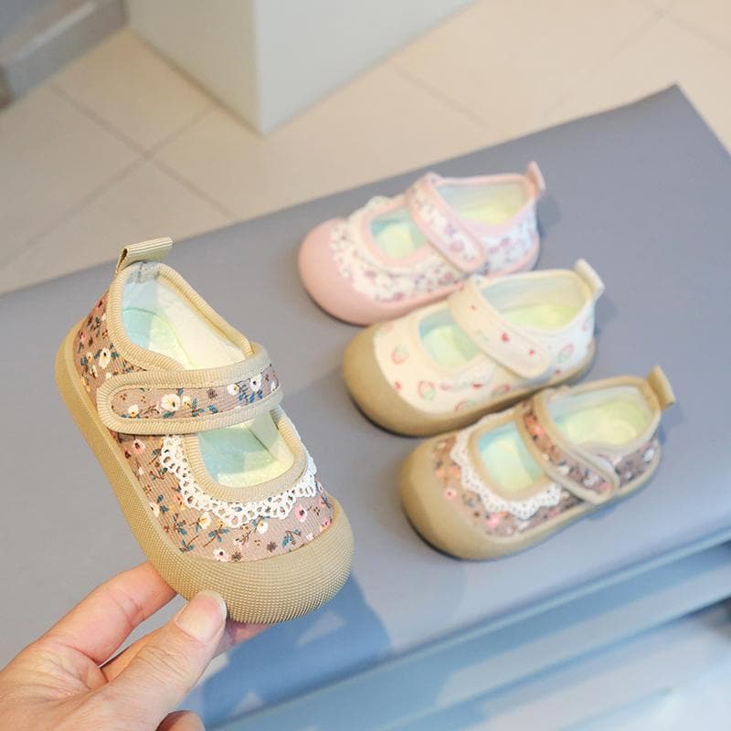 Bebê da criança sapatos infantis boca quadrada Floral sapatos de lona meninas sapatos de bebê da criança respirável têni
