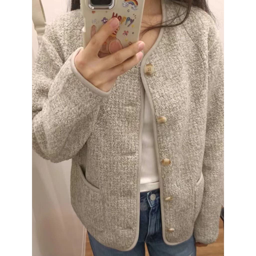 Japonês único 2024 outono inverno novo estilo imitação de lã de cordeiro Polar velo em torno do pescoço Cardigan jaqueta