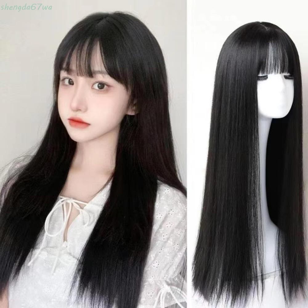 Peruca de Cabelo Liso Longo Shenda, Sintética Preto Marrom Estilo Coreano com Franja, Lolita Cosplay Elegante AYAT