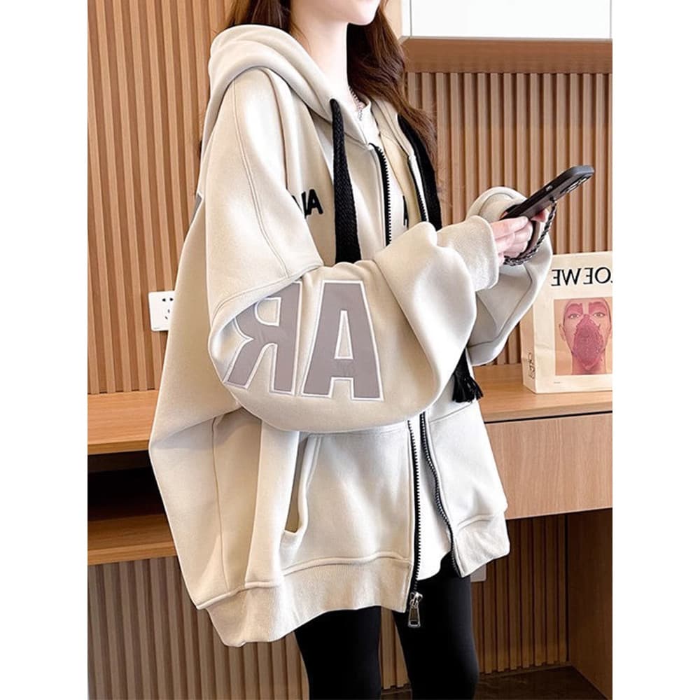Street Wear moletom com capuz feminino primavera outono 2026 novo estilo solto estilo preguiçoso moda uniforme de beiseb