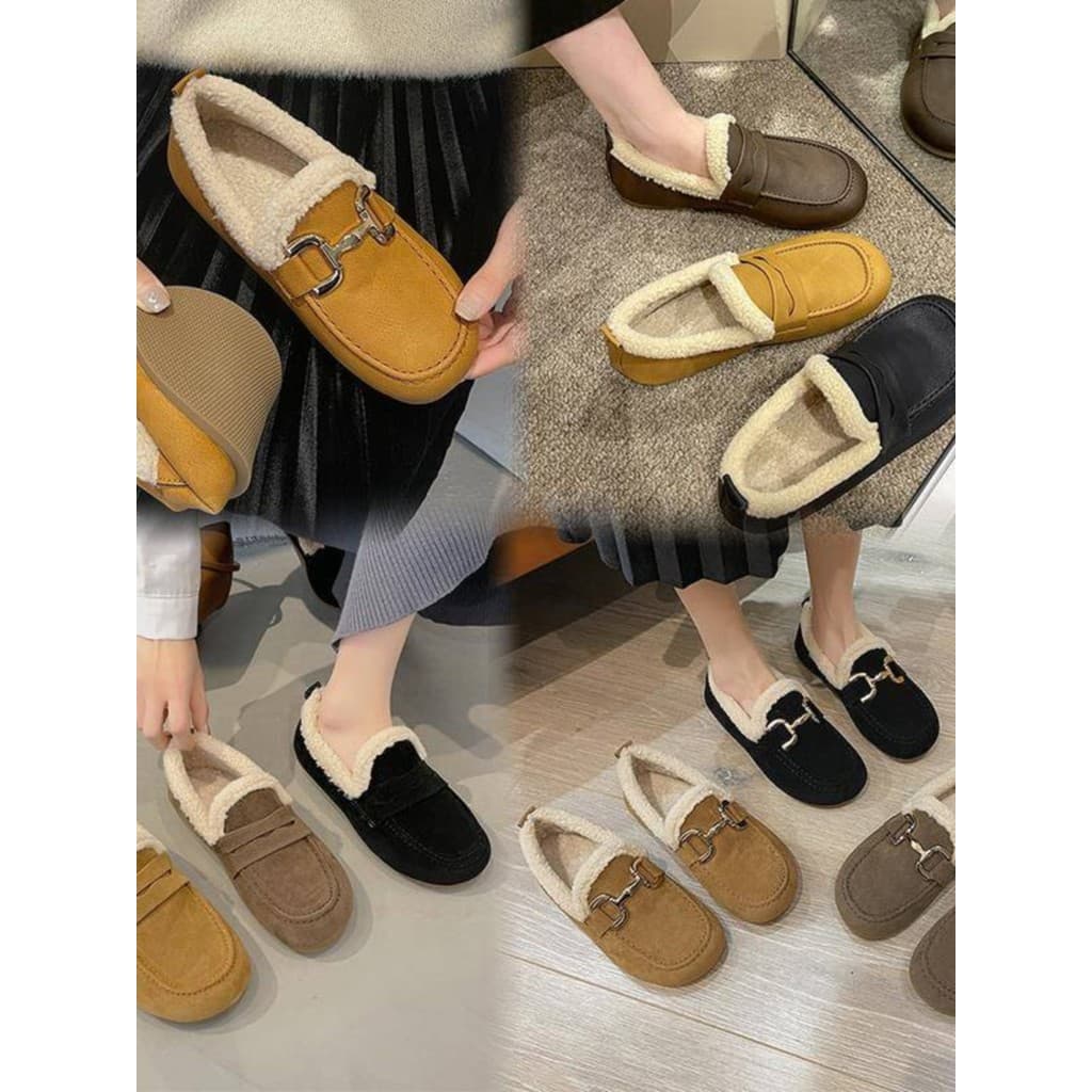 Forro de lã engrossado quente Casual não cansado ervilhas de sola macia sapatos femininos inverno deslizamento no exteri