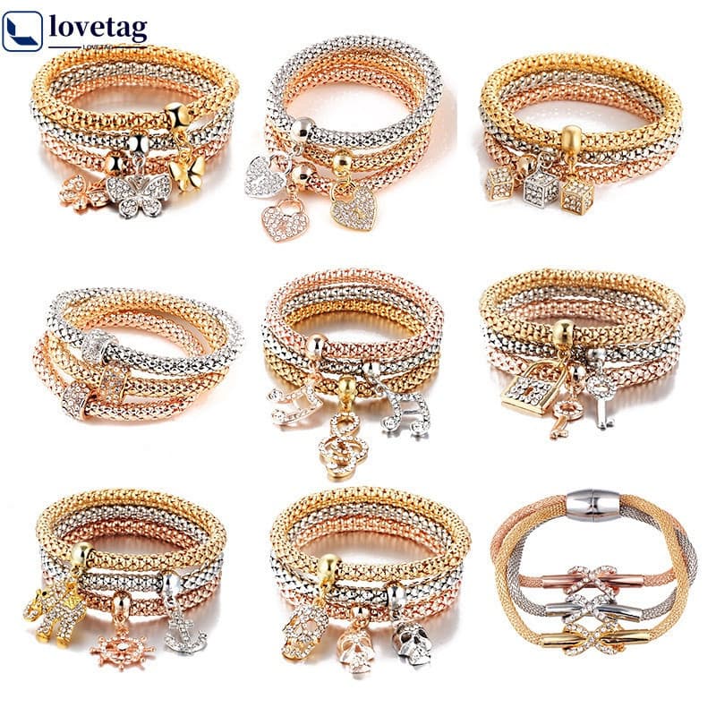 LT 3 Pcs/Set Crystal Butterfly Heart Lock & Key Shape Pendant Pulseira Elástica Multi-Camadas Bangle Punk Jewelry 62V5