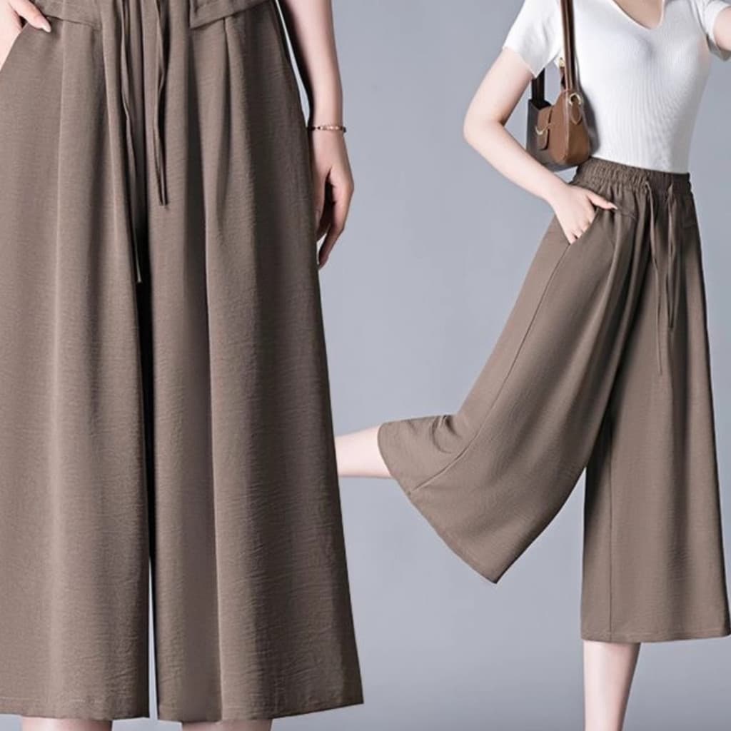 Calças cortadas de perna larga de seda gelo feminina 2024 verão novo estilo cintura alta Drape coreano calças casuais so