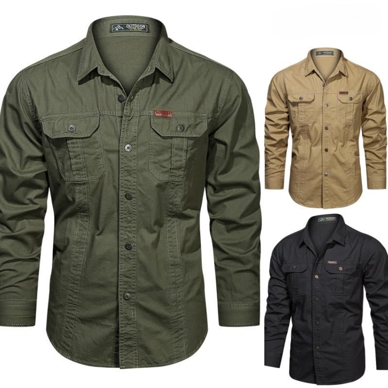 Camisa Casual de Manga Longa com Botões para Homens, Camisa de Algodão Estilo Esportivo Cargo 2ONB