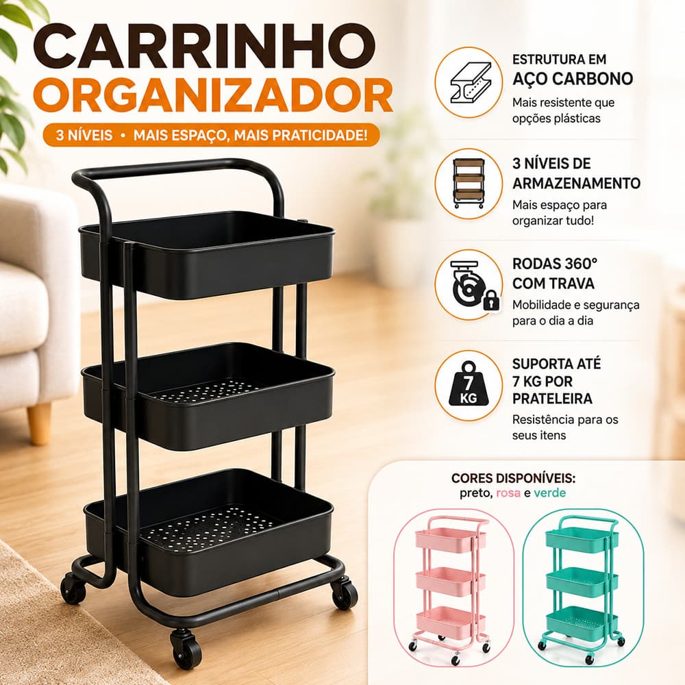 Carrinho Organizador 3 Andares em Aço Carbono com Rodinhas para Cozinha Quarto Sala Banheiro