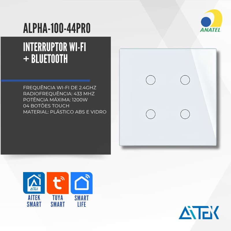 INTERRUPTOR WIFI TOUCH 4 TECLAS MODELO 4X4 BRANCO APP TUYA ALPHA-100-44 PRO AITEK
