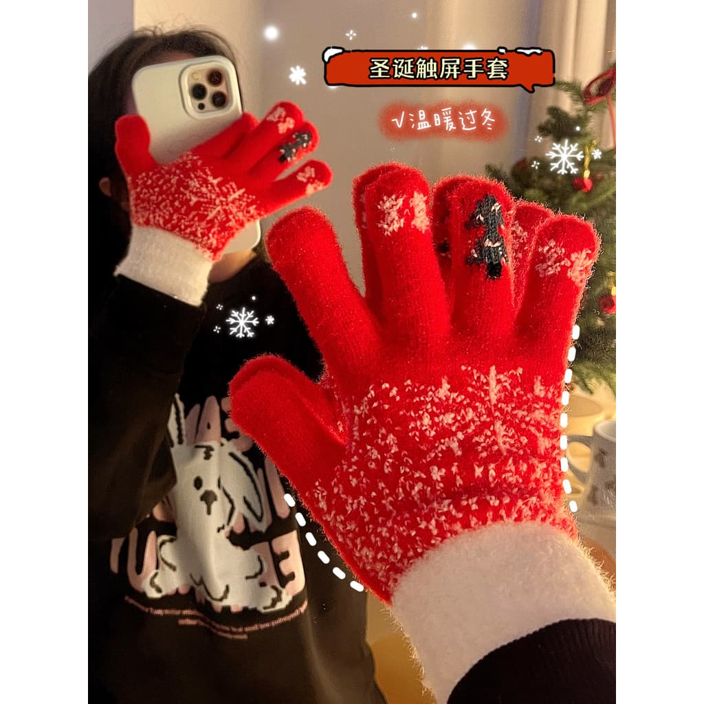 Inverno quente bonito luvas de natal floco de neve malha de pelúcia cinco dedos luvas meninas estudantes de inverno à pr