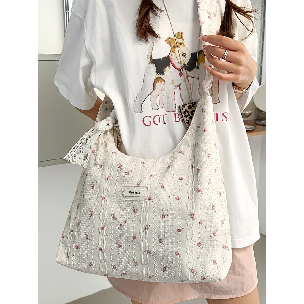 Bolsa feminina de ombro mensageiro estilo coreano Floral pano saco grande capacidade All-Match Casual Commuter saco estu