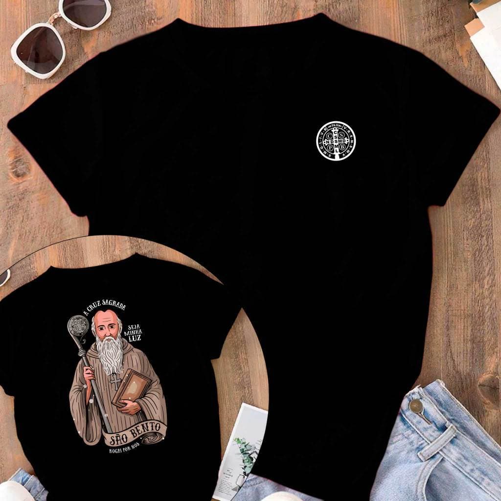 Camiseta Tradicional Religiosa São Bento Cátolico a Cruz Sagrada Camisa Unissex 100% Algodão