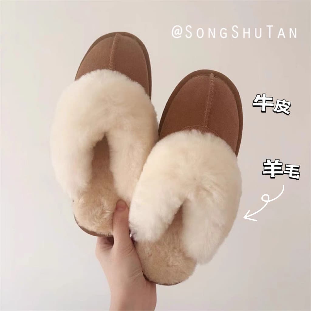 Couro algemado lã feminino Baotou chinelos exterior usar chinelos de lã Real engrossado inverno casa sapatos de algodão