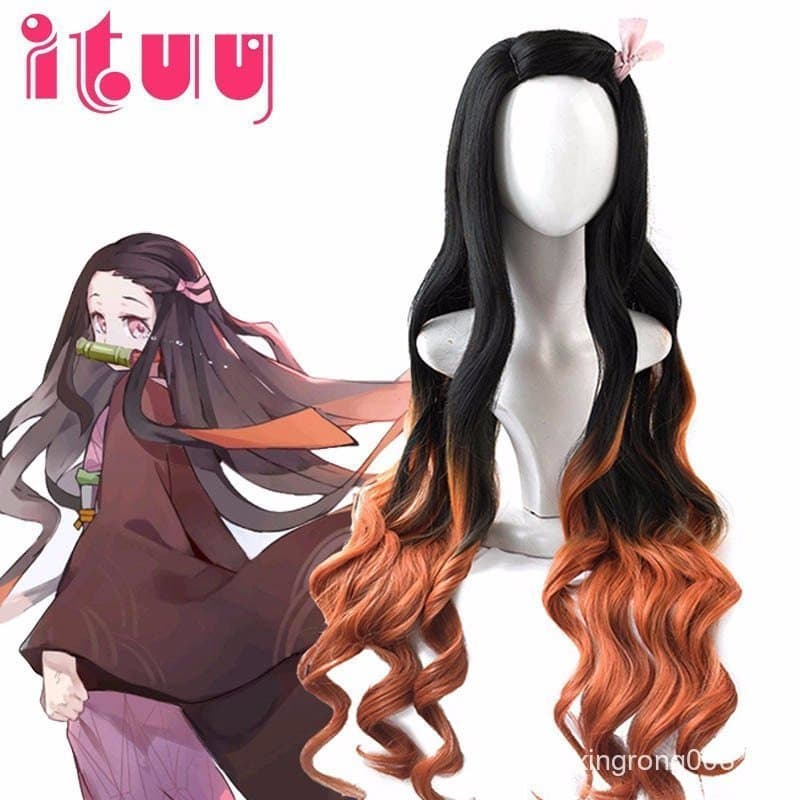 Cosplay de Nezuko de Kimetsu no Yaiba, Cabelo Gradiente de 95cm de Comprimento/Acessórios de Cabelo Resistentes ao Calor