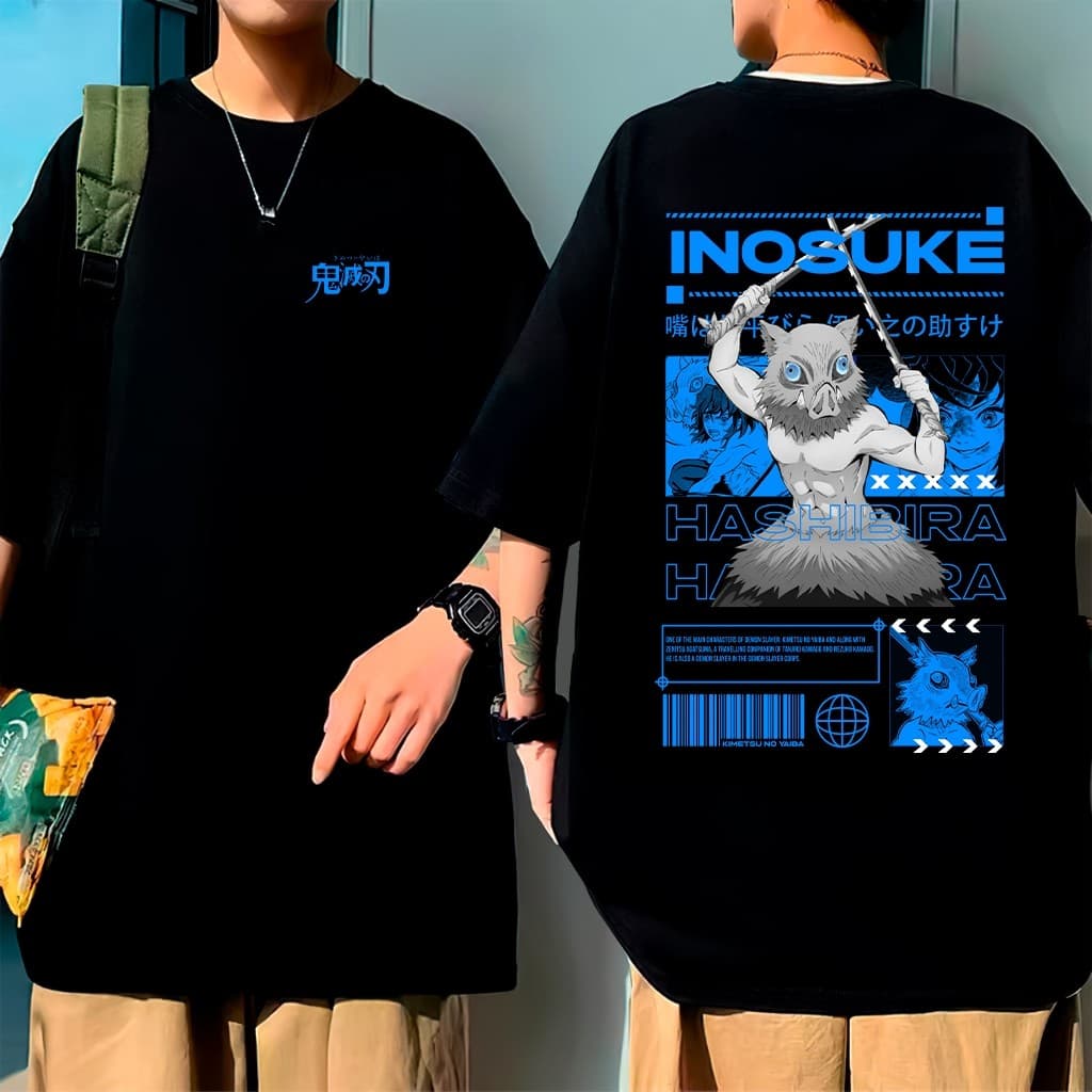 Camiseta Oversized Anime Demons Slayer Estampado Zenitsu Tanjiro Nezuko Inosuke Algodão Unissex