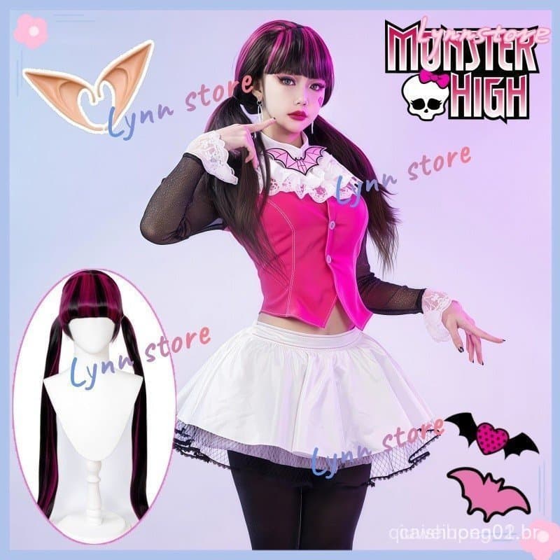 Fantasia e Peruca de Cosplay de Vampira Draculaura, Vestido Rosa Monster High, Roupas de Anime, Traje para Festa de Carn