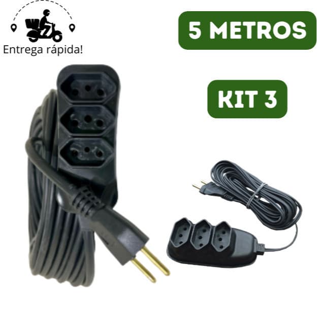 Kit 3 Extensão Elétrica 5 Metros Bivolt com 3 Tomadas 110v 220v Tripolar Alexa Compacta Preta MC