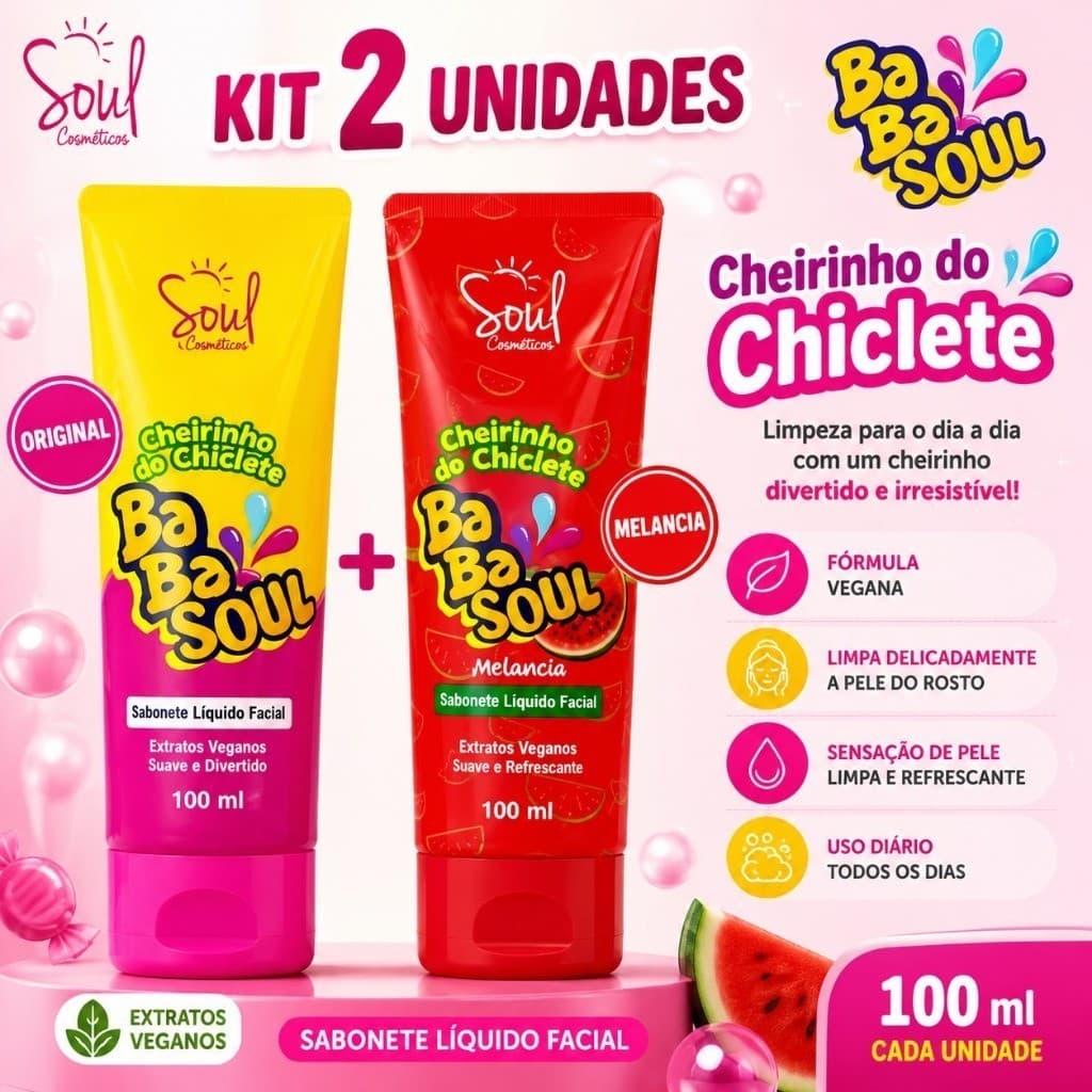 Kit 2 Sabonete Liquido Facial Babasoul Cheiro Chiclete 100ml