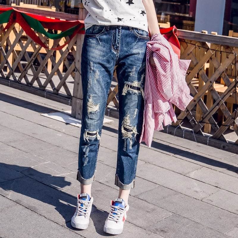 Falso rasgado joelho remendo Jeans feminino 2026 primavera outono mendigo calças de cintura alta solta calças largas tor