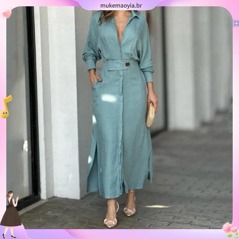 Mulheres De Cor Sólida E # 39 ; Sf ashion Fenda Vestido Csa Casual Decote Em V Lapela Manga Cheia Com Bolsos Saia Longa