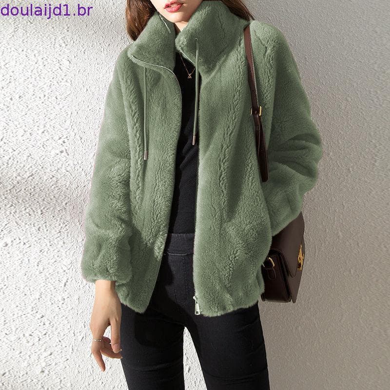 Casaco de Inverno Feminino com Gola de Lã Quente, Manga Longa, Zíper, Estilo Harajuku, para Escritório, Modelo 6415