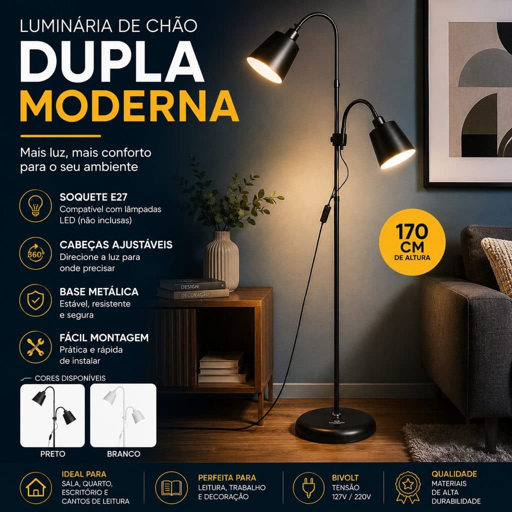 Luminária de Chão Dupla E27 170cm Moderna Abajur de Piso para Sala Quarto Escritório Cabeças Ajustáveis