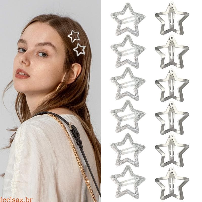 feelsaz 12 Peças Grampo Cabelo Prateado Para Meninas Formato Estrela Metal Uso Festa Baile