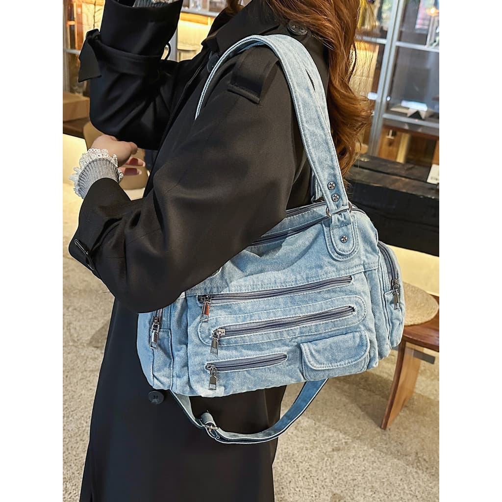 Estilo Retro Denim Multi-bolso saco da motocicleta feminino portátil Diagonal saco Casual All-Match pano lavado diário C