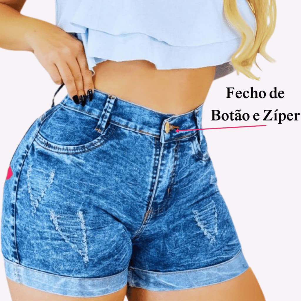 Short Jeans Feminino Premium Cintura Alta Marmorizado Confortável com Lycra