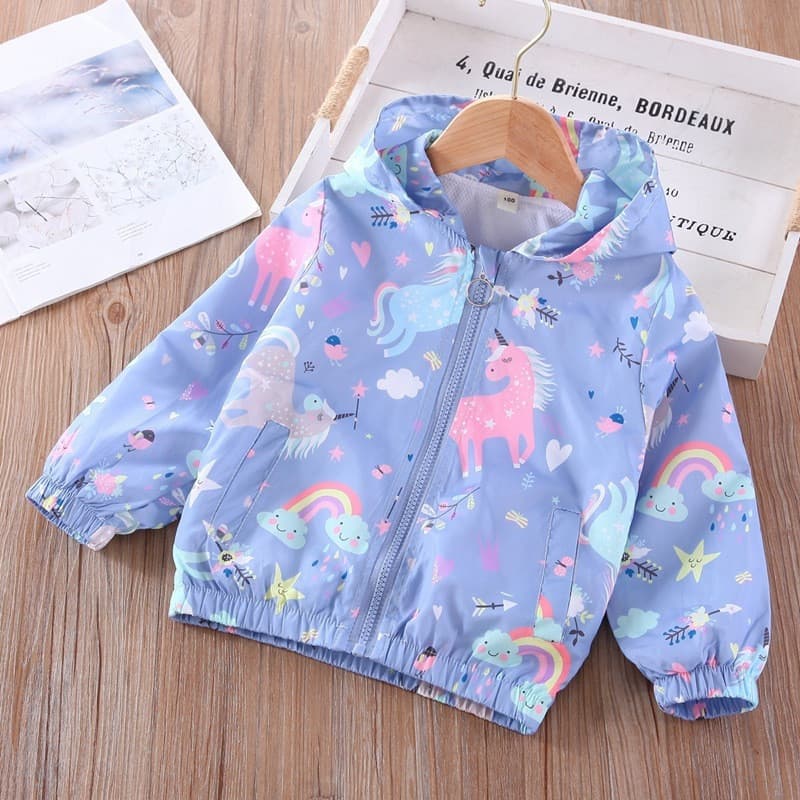 Casaco à prova de vento para crianças na primavera e no outono, meninas, unicórnio colorido, manga longa, moda infantil