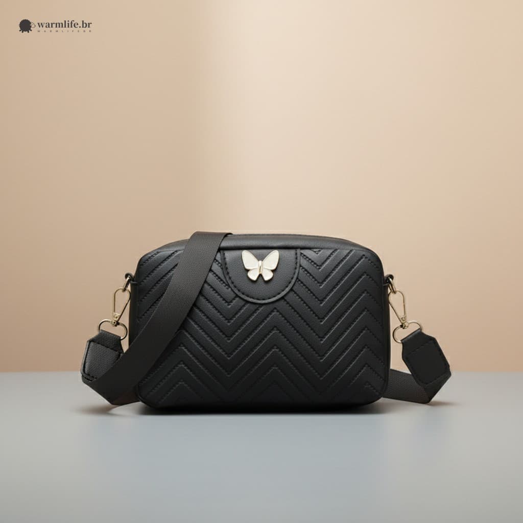 Bolsa Feminina Bordada Borboleta Pequena Quadrada Couro Sintético Textura Ondulada Alça Larga De Ombro Para Deslocamento