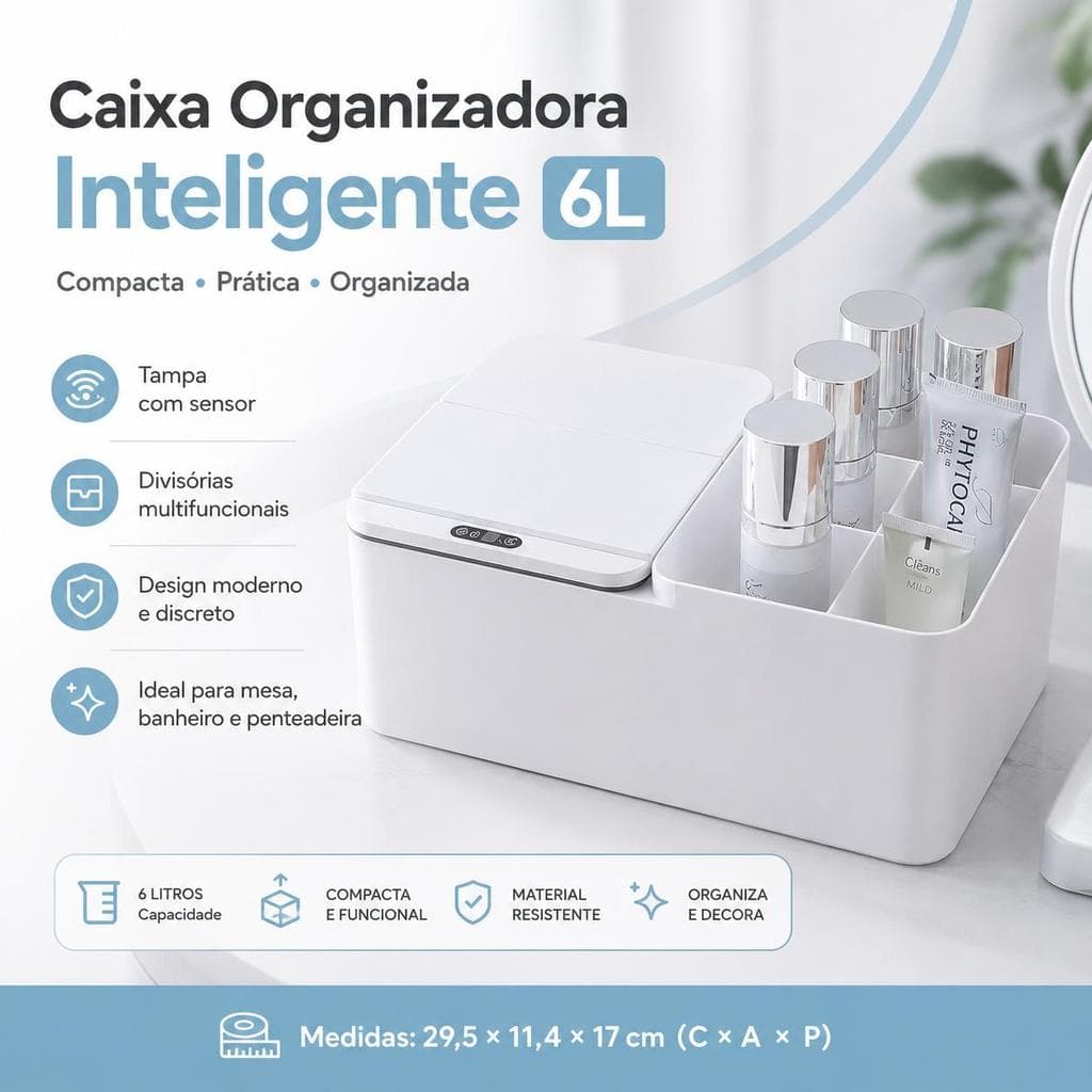 Caixa Organizadora Inteligente 6L com Sensor, Porta Cosméticos com Divisórias para Banheiro, Penteadeira e Mesa