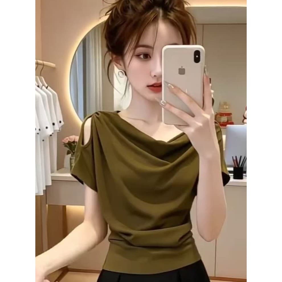 Design Slip-Off-ombro camiseta de manga curta feminina verão 2026 novo estilo venda quente único bonito High-End pequeno