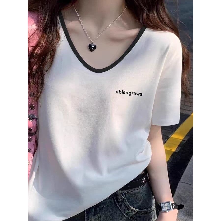 Retro magro de manga curta camiseta feminina 2025 verão novo estilo contraste cor solta pequeno homem com decote em V in