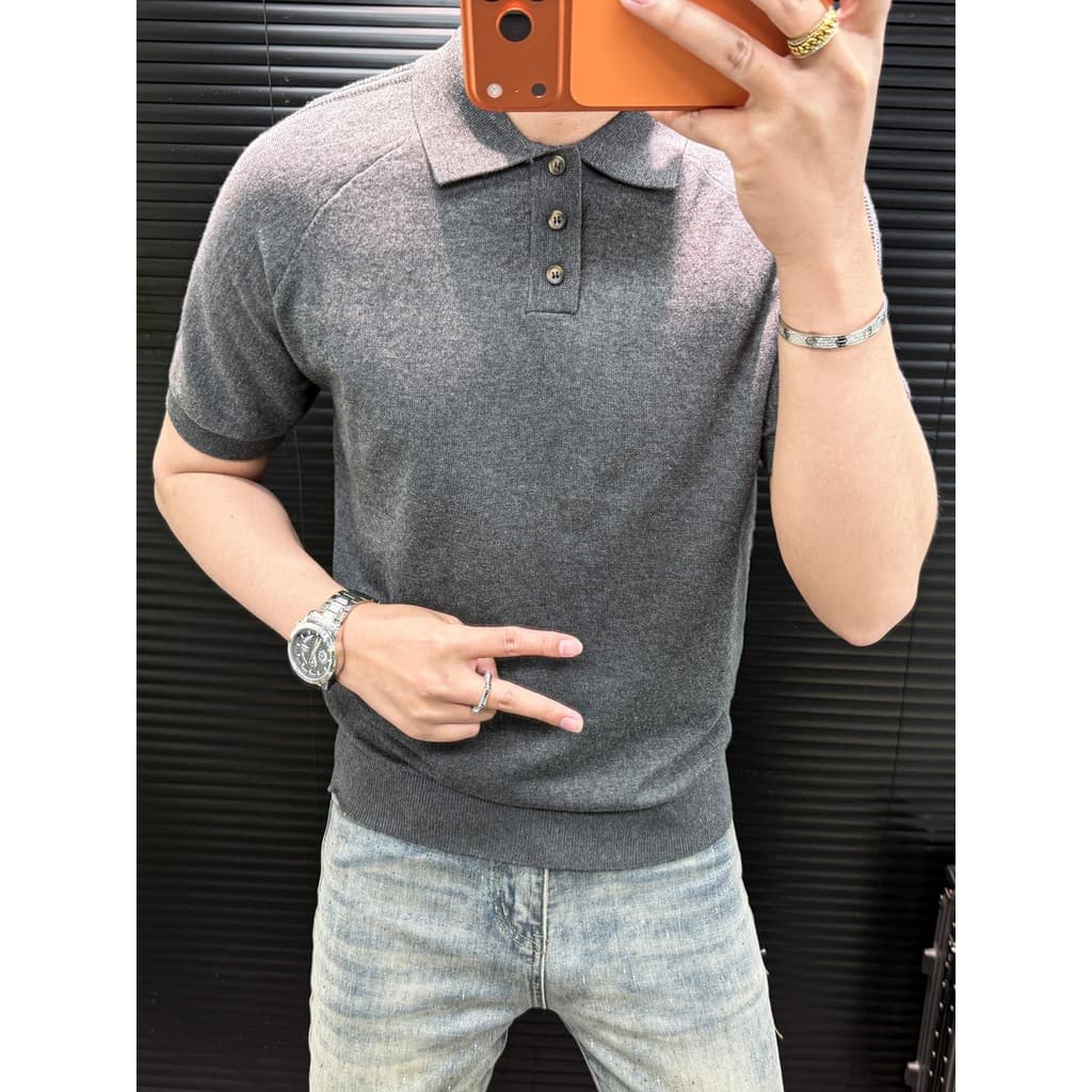 Luz estilo de luxo lapela All-Match moda Casual tendência verão manga curta simples Commuter camisa Polo de malha magro-
